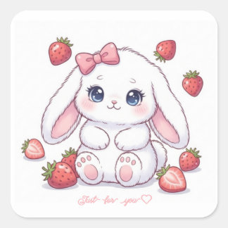 Strawberry Gaze Bunny - Cute Anime Eyes & Ribbon スクエアシール