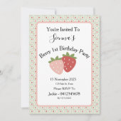 Strawberry Gingham First Birthday Party 招待状 (正面)