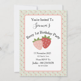 Strawberry Gingham First Birthday Party 招待状