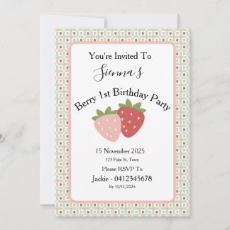Strawberry Gingham First Birthday Party 招待状