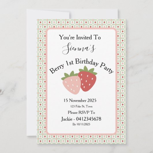 Strawberry Gingham First Birthday Party 招待状 (正面)