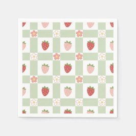Strawberry Gingham Pastel Green 1st Birthday スタンダードカクテルナプキン