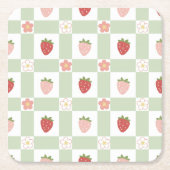 Strawberry Gingham Pastel Green Party スクエアペーパーコースター (正面)