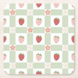 Strawberry Gingham Pastel Green Party スクエアペーパーコースター