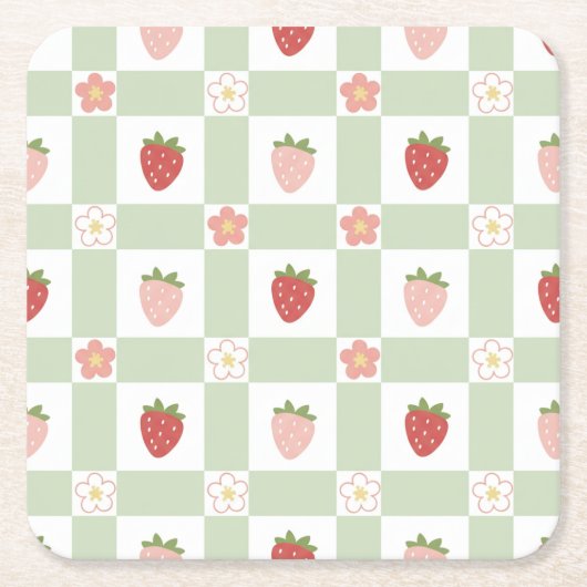 Strawberry Gingham Pastel Green Party スクエアペーパーコースター (正面)