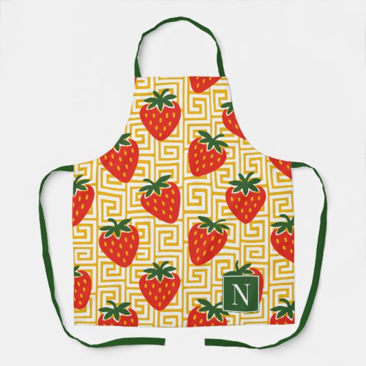 Strawberry Greek Key Monogram エプロン (正面)