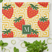 Strawberry Greek Key Monogram キッチンタオル (折り畳み)