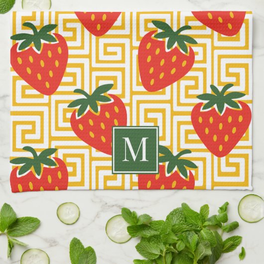 Strawberry Greek Key Monogram キッチンタオル (折り畳み)