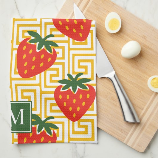 Strawberry Greek Key Monogram キッチンタオル (四つ折り)