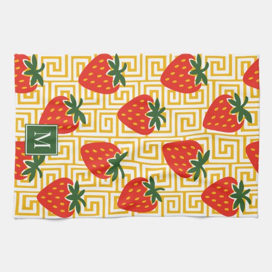 Strawberry Greek Key Monogram キッチンタオル (横)