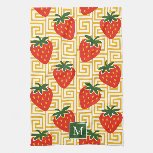 Strawberry Greek Key Monogram キッチンタオル (縦)