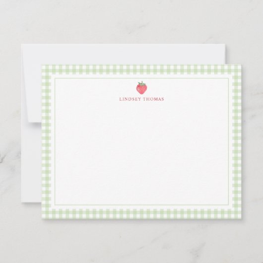 Strawberry Green Gingham Border Personalized ノートカード (正面)