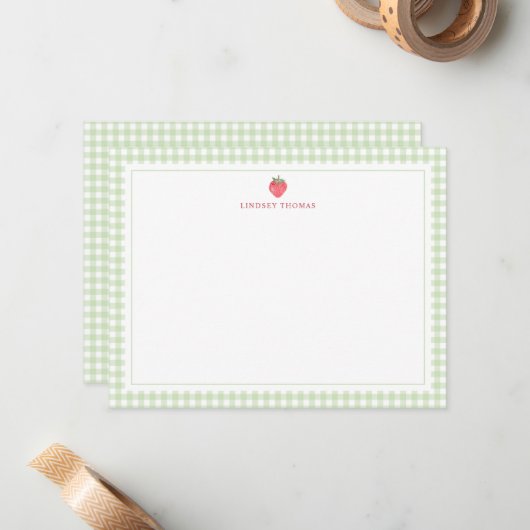 Strawberry Green Gingham Border Personalized ノートカード (正面/裏面インサイチュ)