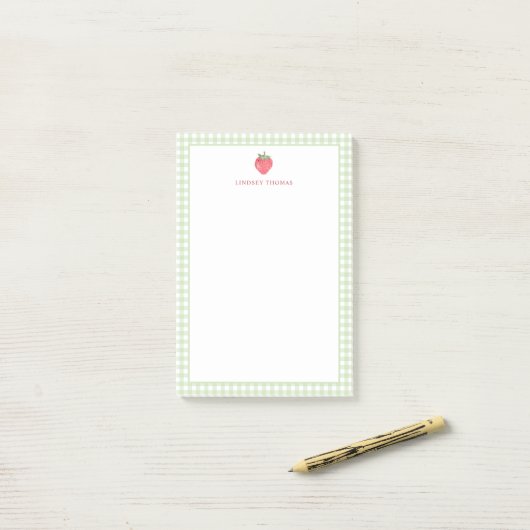 Strawberry Green Gingham Border Personalized ポストイット (デスク上)