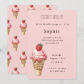 Strawberry Ice Cream Cone Birthday 招待状 (正面/裏面)