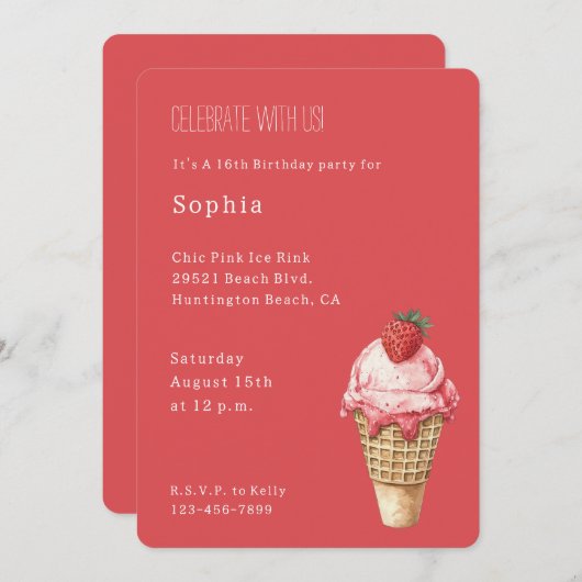 Strawberry Ice Cream Cone Birthday 招待状 (正面/裏面)