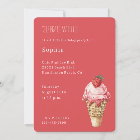 Strawberry Ice Cream Cone Birthday 招待状 (正面)