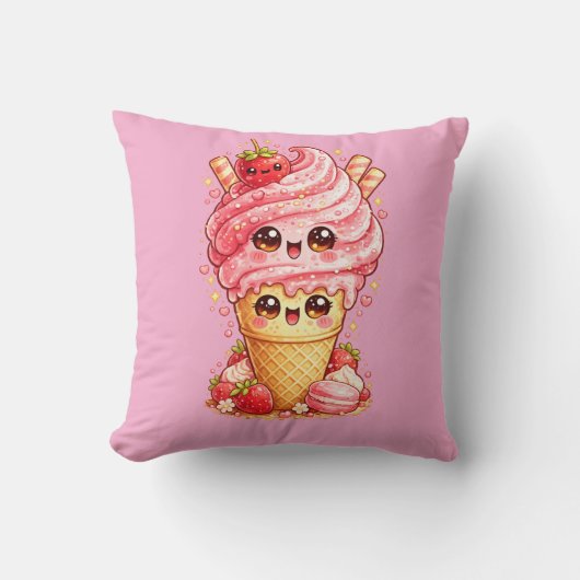 Strawberry Ice Cream Cone Kawaii Cushion Pillow クッション (正面)