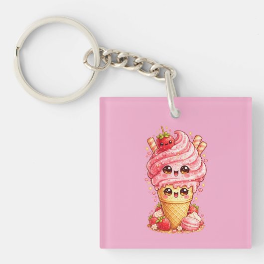 Strawberry Ice Cream Cone Kawaii Keyring キーホルダー (正面)
