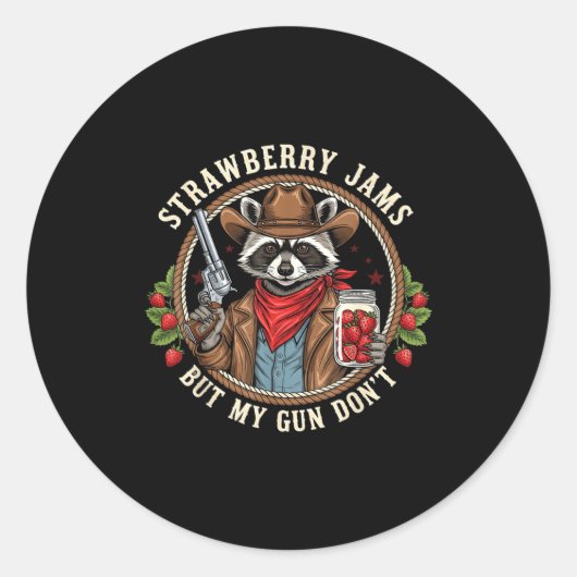 Strawberry Jams But My Gun Dont Cowboy Raccoon Fun ラウンドシール (正面)