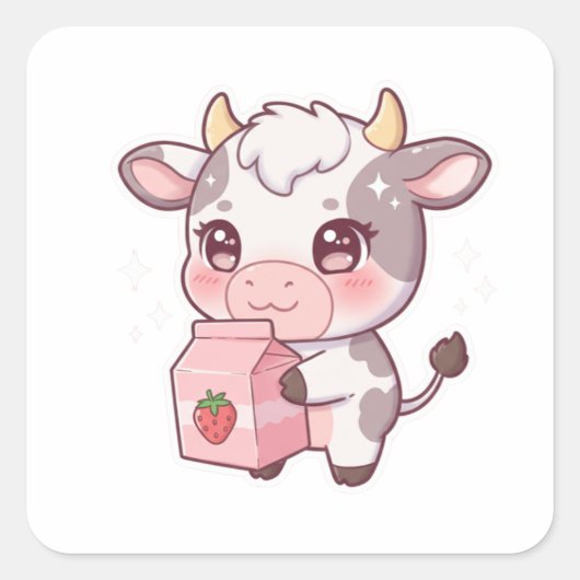 Strawberry Milk Cow – Kawaii Vibes Only! スクエアシール (正面)