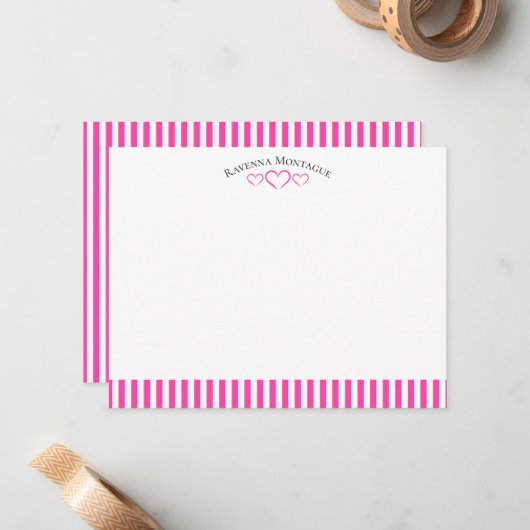 Strawberry Modern Open Hearts Striped Note Card ノートカード (正面/裏面インサイチュ)