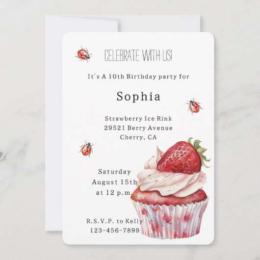 Strawberry Muffin Cake Ladybugs Birthday 招待状 (正面)