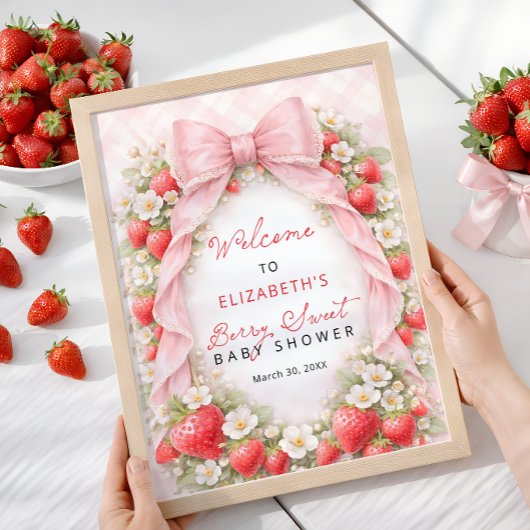 Strawberry Pink Bow Baby Shower Welcome  ポスター
