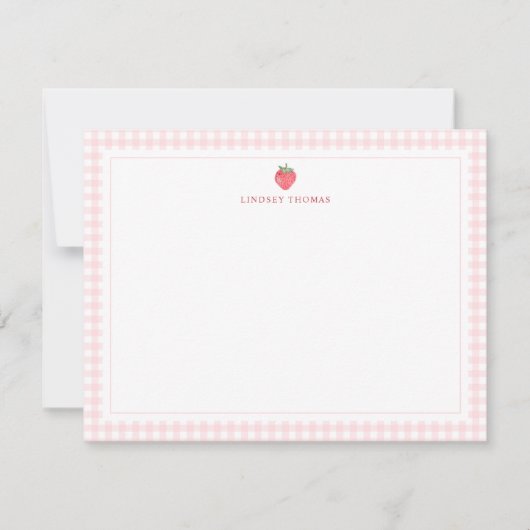 Strawberry Pink Gingham Border Personalized ノートカード (正面)