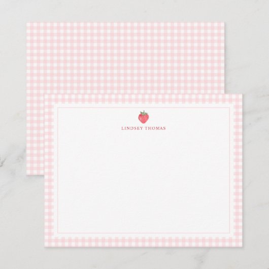 Strawberry Pink Gingham Border Personalized ノートカード (正面/裏面)
