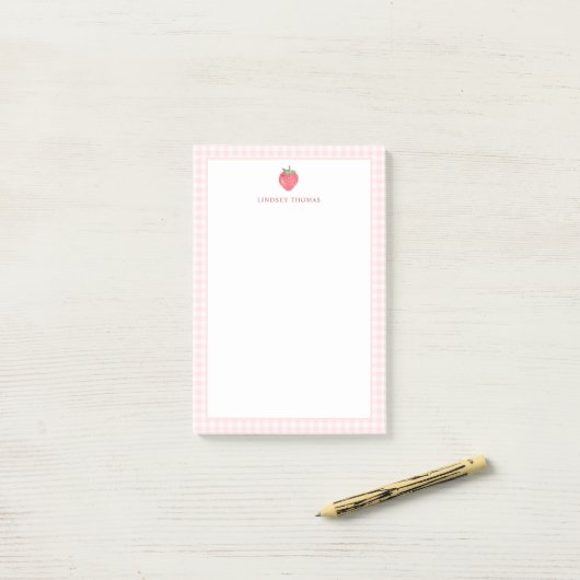 Strawberry Pink Gingham Border Personalized ポストイット (デスク上)