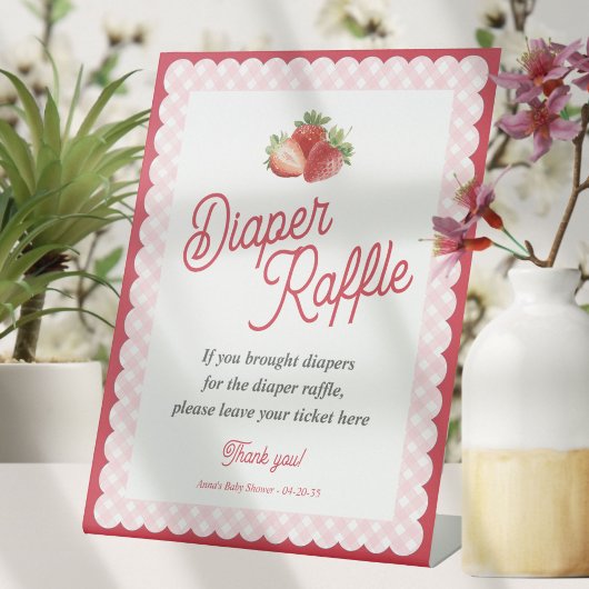 Strawberry Pink Gingham Themed Diaper Raffle Game 台座サイン