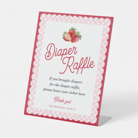 Strawberry Pink Gingham Themed Diaper Raffle Game 台座サイン (正面)