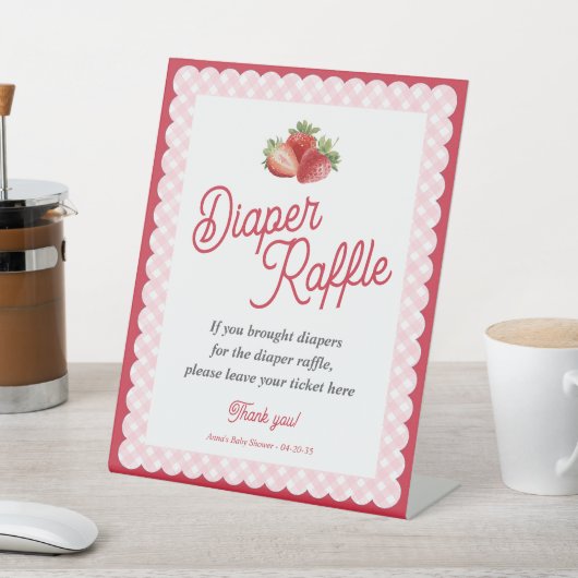 Strawberry Pink Gingham Themed Diaper Raffle Game 台座サイン (インサイチュ)