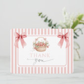 Strawberry Pink Stripe Bow Girl Baby shower サンキューカード (スタンド正面)