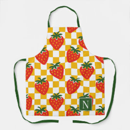 Strawberry Rustic Farmhouse Checkerboard Monogram エプロン