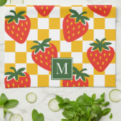 Strawberry Rustic Farmhouse Checkered Monogram キッチンタオル (折り畳み)