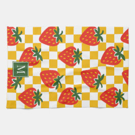 Strawberry Rustic Farmhouse Checkered Monogram キッチンタオル