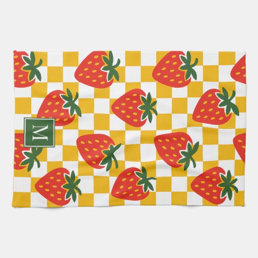 Strawberry Rustic Farmhouse Checkered Monogram キッチンタオル (横)
