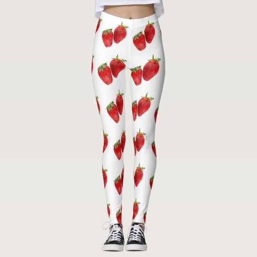 Strawberry Seamless Pattern – Cute Red Fruit on Wh レギンス (正面)