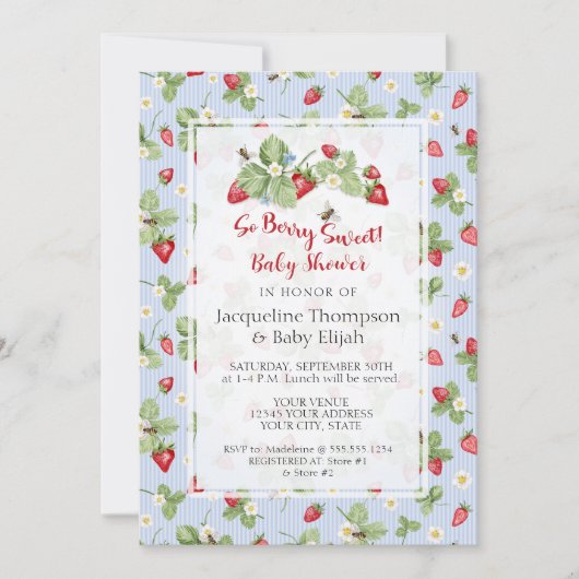 Strawberry So Berry Sweet Blue Gingham Boy Shower 招待状 (正面)