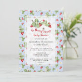 Strawberry So Berry Sweet Blue Gingham Boy Shower 招待状 (スタンド正面)