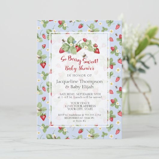 Strawberry So Berry Sweet Blue Gingham Boy Shower 招待状 (スタンド正面)
