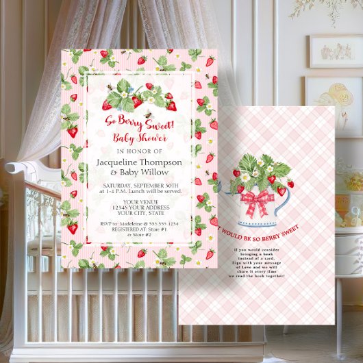 Strawberry So Berry Sweet Pink Gingham Girl Shower 招待状
