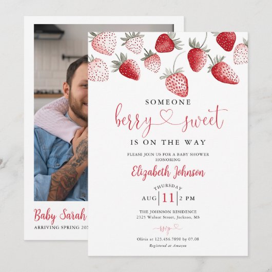Strawberry Sweet Baby Shower Photo QR Code 招待状 (正面/裏面)