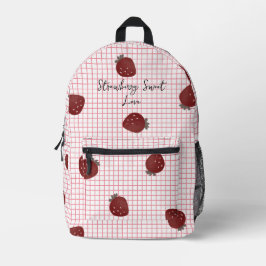 Strawberry Sweet Love – 赤い背景にミニマルなイチゴのトリオ プリントバックパック