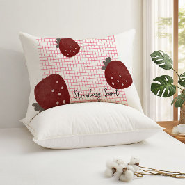 Strawberry Sweet Love – Minimal Berry Trio on Red  ランバークッション