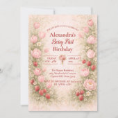 Strawberry Vintage Floral Theme 1st Birthday 招待状 (正面)