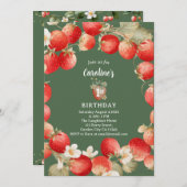 Strawberry Watercolor Berry First Girls Birthday 招待状 (正面/裏面)