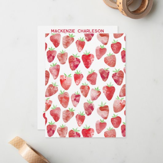 Strawberry Watercolor Personalized ノートカード (正面/裏面インサイチュ)